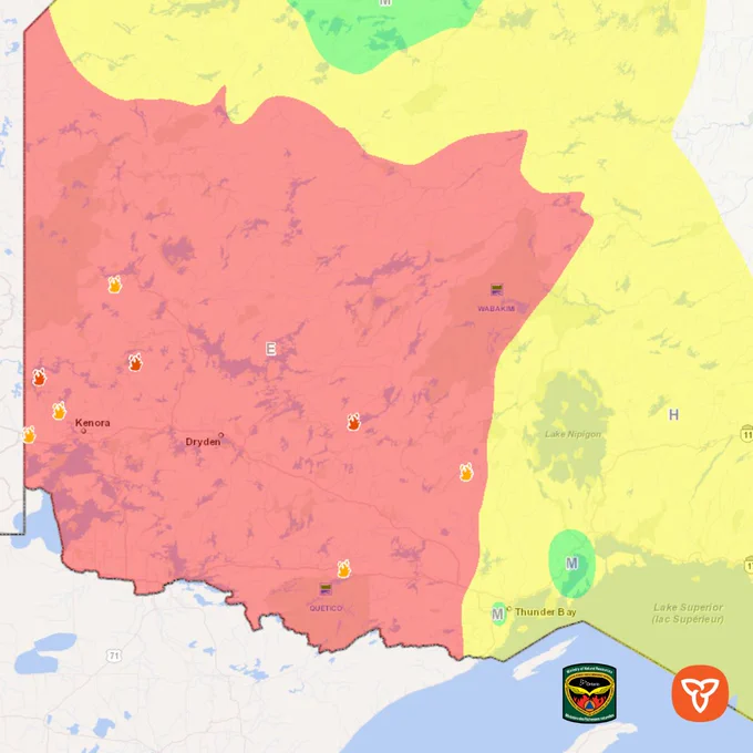 Amap of Northwestern Ontario with the colour red demonstrating an extreme fire hazard.
