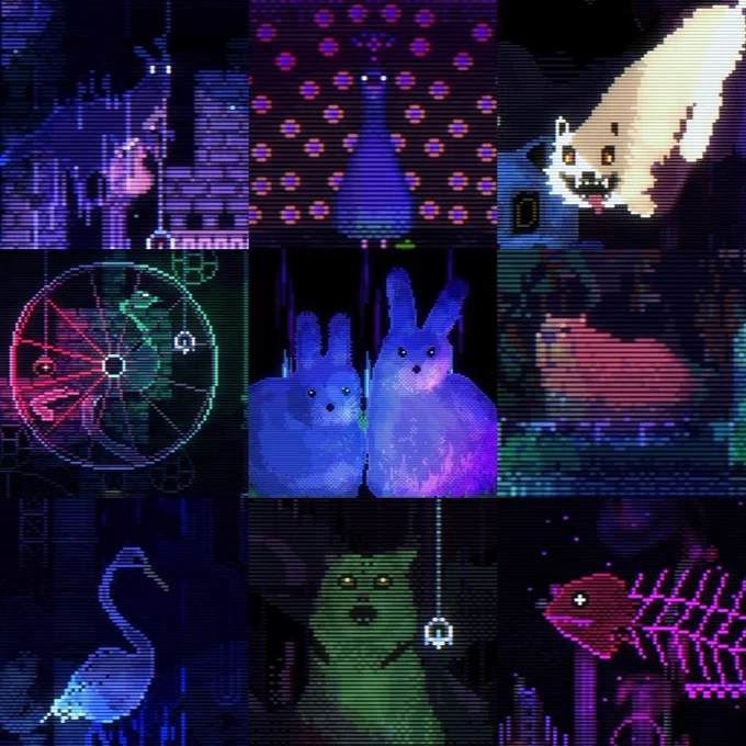 A collage of screenshots from ANIMAL WELL featuring a kangaroo, a peacock, a wolf, an ostrich, two bunnies, a capybara, a swan, a lynx, and a fish