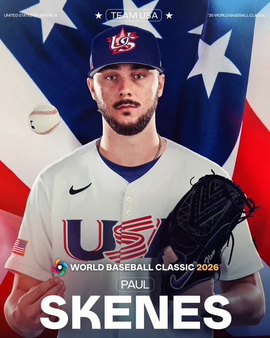 Team USA
2026 World Baseball Classic
Paul Skenes
Pictured: Paul Skenes is wearing a Team USA jersey featuring red, white, and blue lettering and a dark blue Team USA cap.