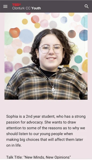 Image of Sophia on the TEDx junior site promoting her TEDx Jnr talk.