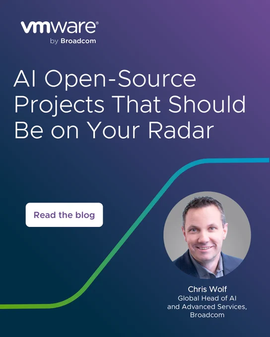 Promotional image for VMware by Broadcom, featuring Chris Wolf, Global Head of AI and Advanced Services at Broadcom, with text reading 'AI Open-Source Projects That Should Be on Your Radar.' 