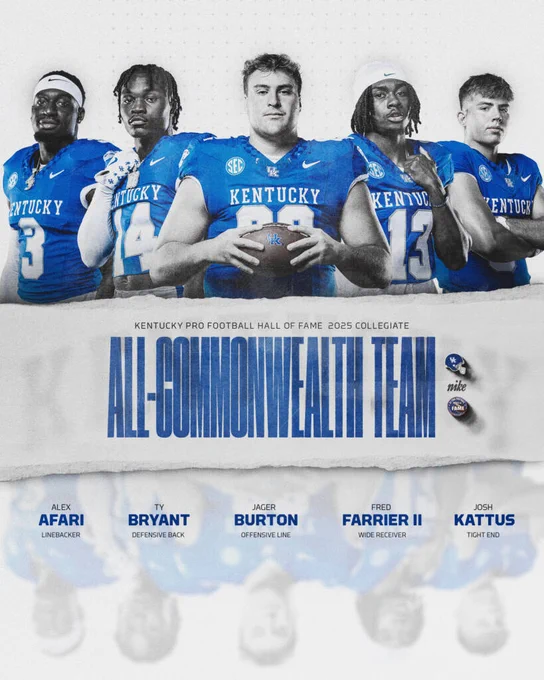 Graphic showing the Kentucky Pro Football Hall of Fame 2025 Collegiate All-Commonwealth Team. The Wildcats who were named on the All-Commonwealth Team are: Alex Afari, Ty Bryant, Jager Burton, Fred Farrier II, Josh Kattus. 