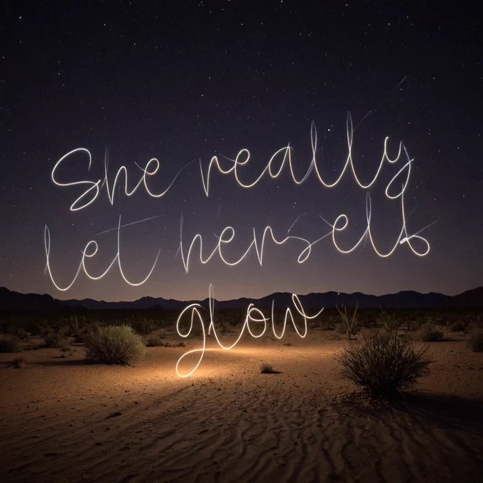 She really let herself glow. Inspirational text in glowing light trails font against a dark background, perfect for creators and entrepreneurs seeking radiant design inspiration. #WordSwag #TypographyDesign