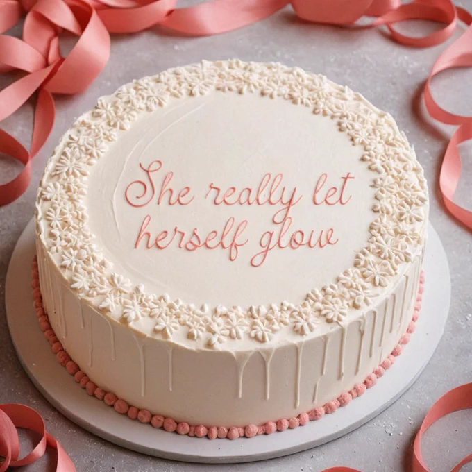 She really let herself glow. The text is written in a sophisticated, cake-inspired pink icing font on a beautifully decorated cake. Perfect for creators, bakers, and those who love elegant, handmade design aesthetics. #WordSwag #CakeDesign #TypographyArt