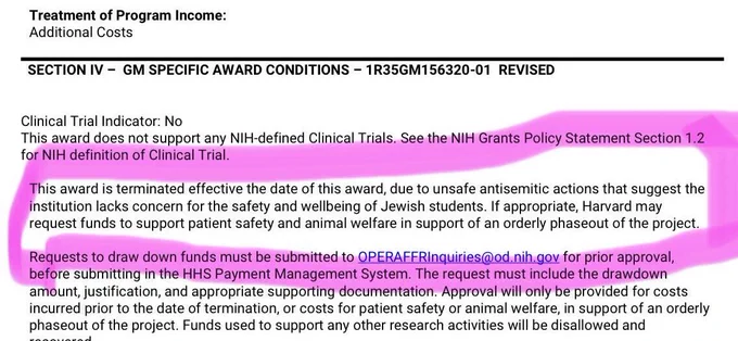 A screenshot of the termination notice with "This award is terminated effective the date of this award, due to unsafe antisemitic actions that suggest the institution lacks concern for the safety and wellbeing of Jewish students." highlighted