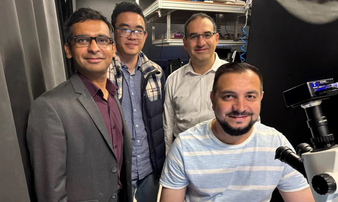 Some of the team behind the neuromorphic innovation: (L-R) Professor Sumeet Walia, Thiha Aung, Professor Akram Al-Hourani and Dr Taimur Ahmed.