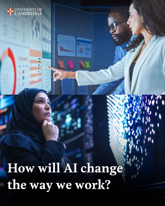 Two professionals discussing data charts in a well-lit office, and a separate image of a thoughtful individual in front of a digital screen with glowing blue data points. A text overlay reads: 'How will AI change the way we work?'