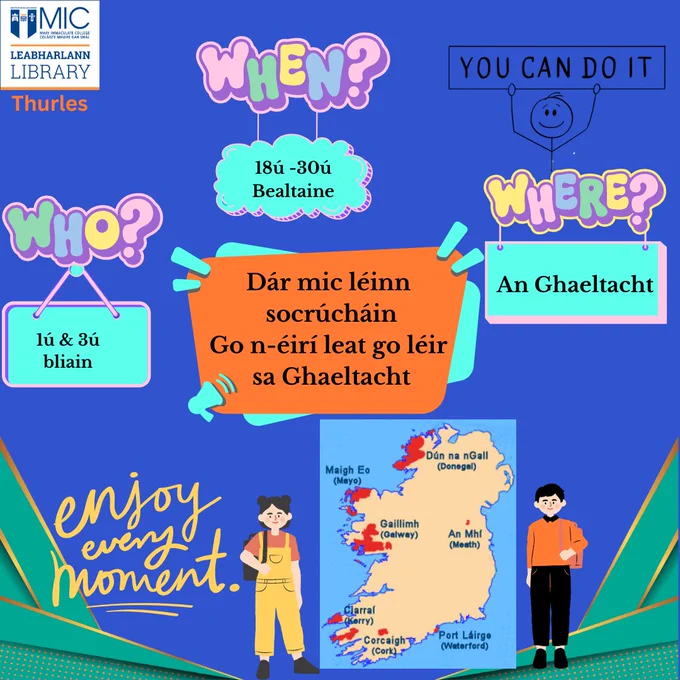 A post from MIC Thurles showing the dates our Irish students will be studying in the Gaeltacht and a map showing the Gaeltacht's in Ireland .