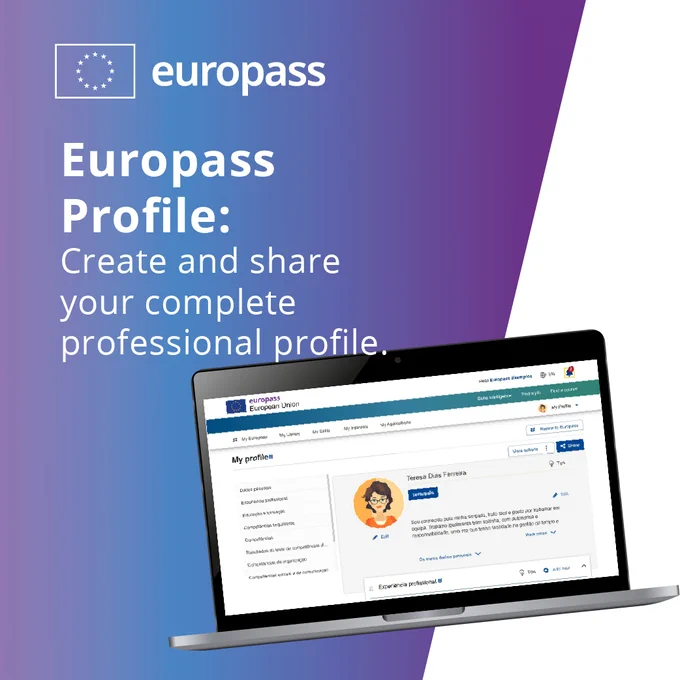 Laptop displaying a professional profile page. Text: 'Europass Profile: Create and share your complete professional profile.' 