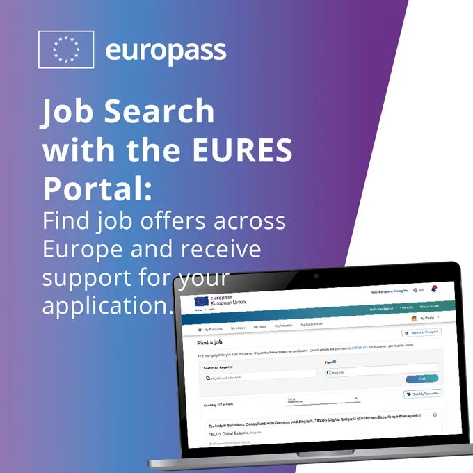 Laptop displaying the job search tool. Text: 'Europass advertisement for job search with the EURES Portal.