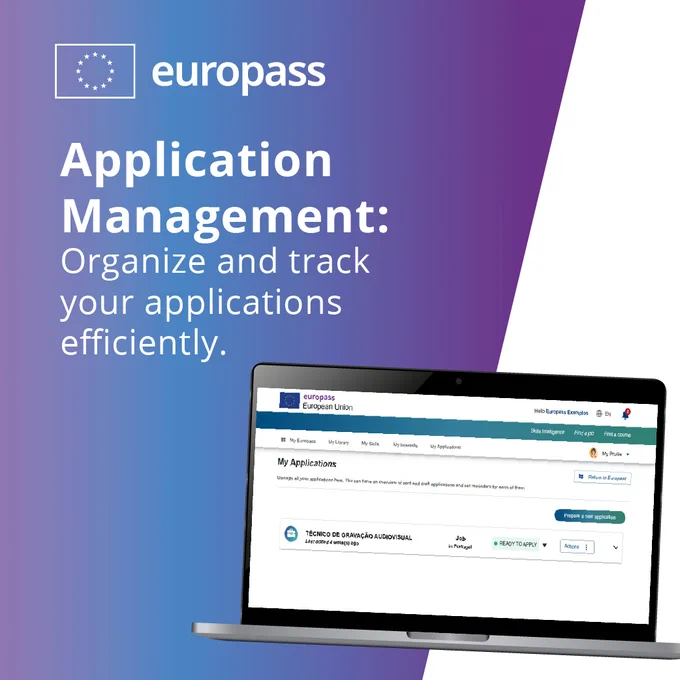 Laptop displaying the Europass website's application tracking interface. Text: 'Europass Application Management: Organize and track your applications efficiently.
