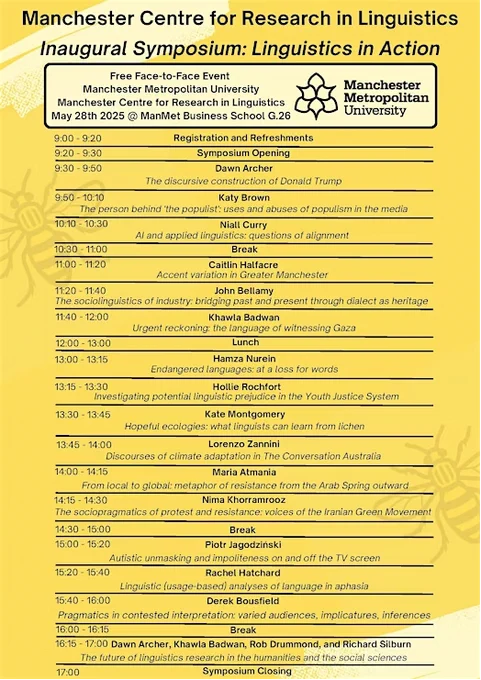 Manchester Centre for Research in Linguistics Inaugural Symposium: Linguistics in Action 
Free Face-to-Face Event 
Manchester Metropolitan University Manchester Centre for Research in Linguistics May 28th 2025 @ ManMet Business School G.26
Event outline running from 9am to event closing at 5pm.