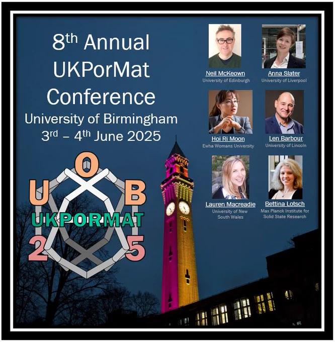Flyer advertising the 8th Annual UKPorMat Conference at the University of Birmingham. It has a photo of the famous clock tower, with a logo for the conference on the left, and photos of the invited speakers on the right.