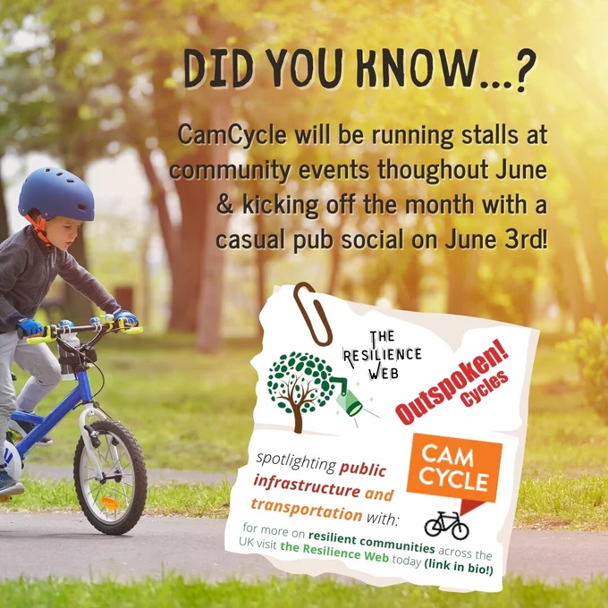 A child learning to ride a bike in a park. Superimposed on this image is a post-it note displaying the logos of Resilience Web CIC, CamCycle, and Outspoken Cycles. The import of all text in the image is conveyed by the written post content.