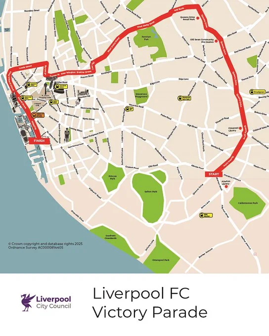 A map of Liverpool with the LFC Premier League Victory Parade route marked in red.