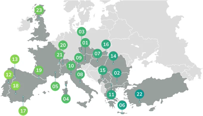 Map showing twenty-three mountain case locations across Europe.