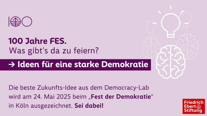 Icons Gehirne und Glühbirnen. Text: 100 Jahre FES. Was gibt’s da zu feiern? Ideen für eine starke Demokratie. Die beste Zukunfts-Idee aus dem Democracy-Lab wird am 24. Mai 2025 beim „Fest der Demokratie“ in Köln ausgezeichnet. Sei dabei!