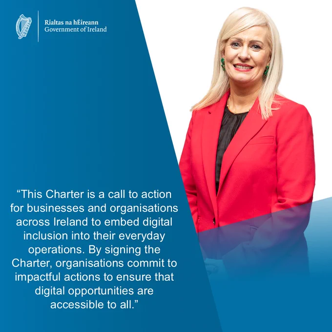 A quote card with the text '“This Charter is a call to action for businesses and organisations across Ireland to embed digital inclusion into their everyday operations. By signing the Charter, organisations commit to impactful actions to ensure that digital opportunities are accessible to all.”
