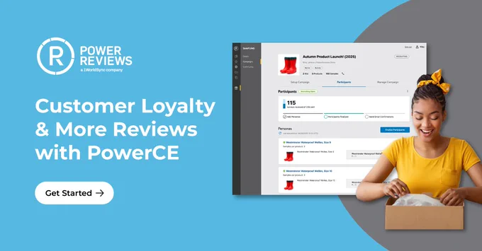 An individual unboxing a product while using PowerReviews software on a computer screen to view customer reviews and ratings.