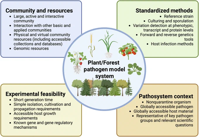 Diagram illustrating key components of an ideal Plant/Forest Pathogen Model System, arranged in four quadrants around a central circle containing illustrations of various crops and forest trees. Each quadrant highlights essential criteria: Community and Resources (top left, blue background); Standardized Methods (top right, light green background); Experimental Feasibility (bottom left, pale yellow background); and Pathosystem Context (bottom right, light brown background). At the center, the title reads ‘Plant/Forest Pathogen Model System’, surrounded by illustrations of plants including herbaceous crops and trees, representing diverse host types.