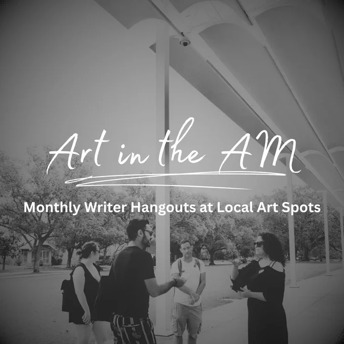 People hanging out at an art museum text reads Art in the AM: Monthly writer hangouts at local art spots
