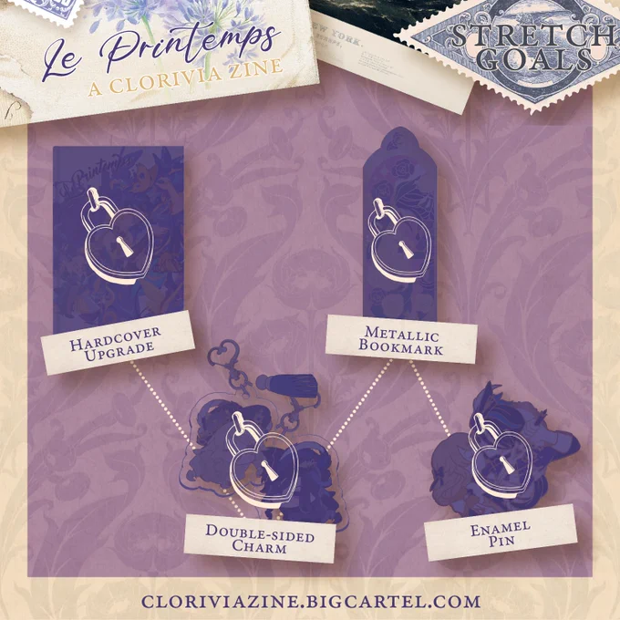 A vintage-looking collage listing out the stretch goals of the zine: hardcover upgrade, additional acrylic charm, metallic bookmark and enamel pin.