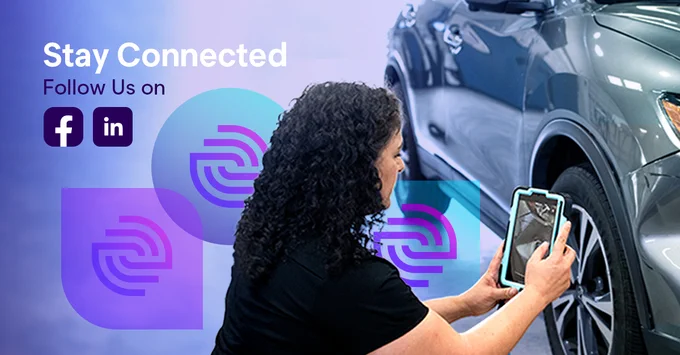 Person using a device to take photos of a car in a repair shop, with 'Stay Connected' text and social media icons for Facebook and LinkedIn in the background.