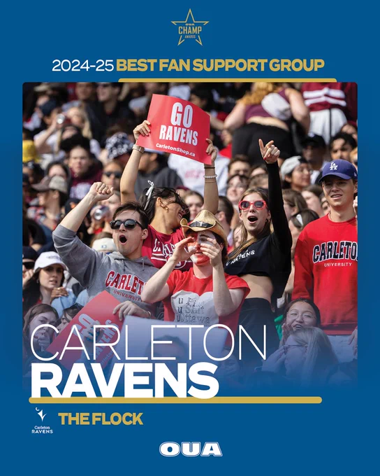 Graphic on blue background with gold and white text listing the award and the recipient’s name, surrounding a photo of Carleton’s student fans from the Flock.  