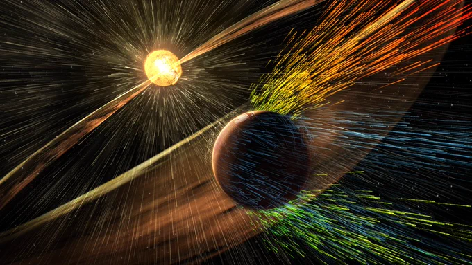 Illustration of charged particles blasting from the Sun and striking the planet Mars, with some of the particles impacting the planet and others passing by in shower of colorful streaks like sparks.