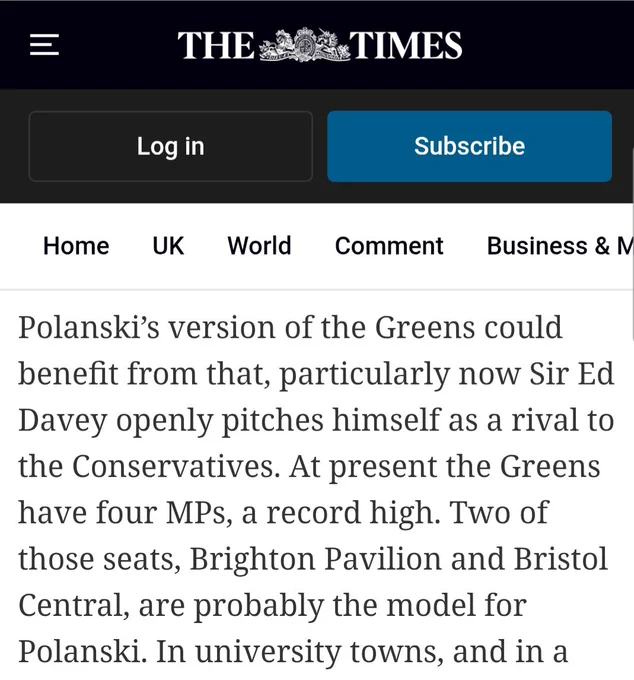 Polanski's version of the greens could benefit from that, particularly now sor ed Davey openly pitches himself as a rival to the conservatives.