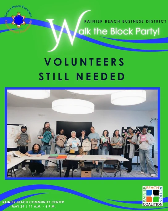 ID: Flyer for Rainier Beach Walk the Block Party, seeking volunteers.
