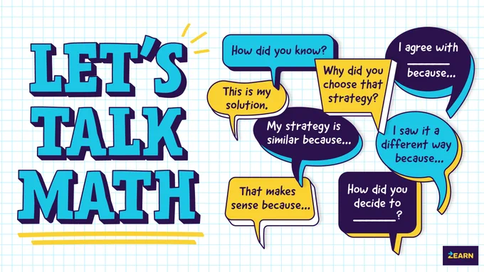 Graphic titled 'Let's Talk Math' featuring various speech bubbles with phrases like 'How did you know?', 'Why did you choose that strategy?', and 'I saw it a different way.' The background has a grid pattern, and the Zearn logo is visible.