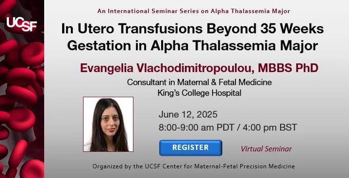 Seminar Announcement: 

Title: In Utero Transfusions (IUT) Beyond 35 Weeks Gestation in Alpha #Thalassemia Major
'
Speaker: Dr. Evangelia Vlachodimitropoulou from King’s College Hospital

Date/Time: June 12, 2025, 8am PDT / 4pm BST

Link to register: https://tinyurl.com/ATM-Jun2025
