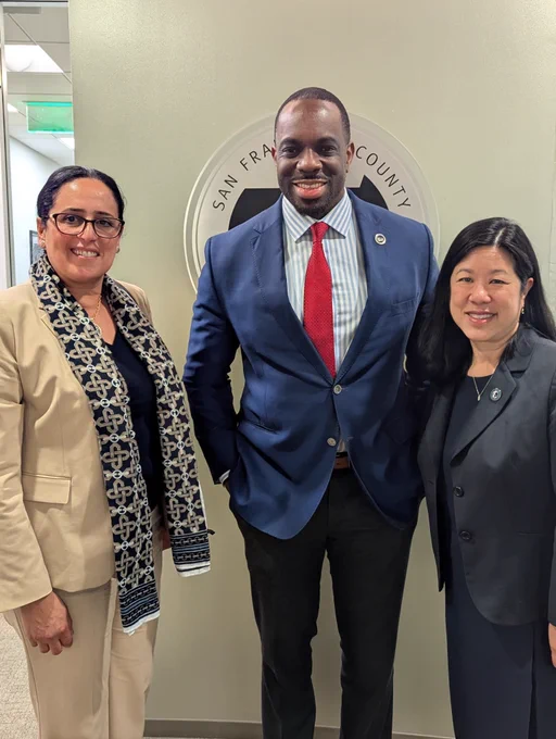 Dina El-Tawansy (Caltrans District 4 Director) and Tilly Chang (Exec Dir. SFCTA) with CalSTA Secretary Toks Omishakin at Equity Advisory Committee meeting
