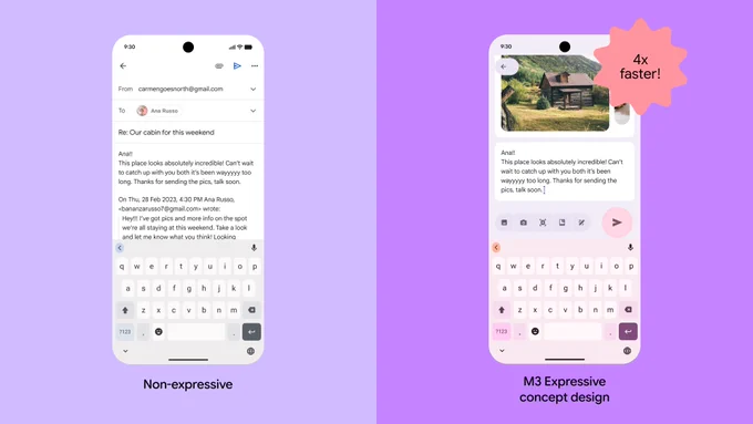 Comparison of two phone screens showing messaging apps. The right screen highlights Material 3 Expressive design updates that enable the user to engage faster. 