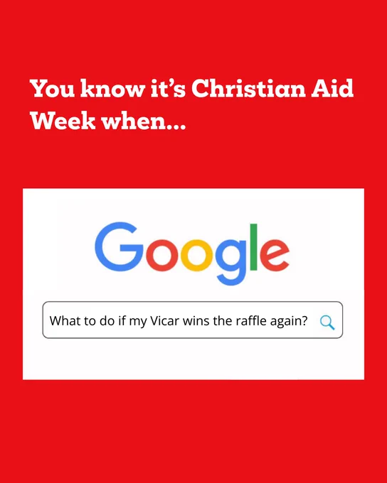 Graphic with the text, You know it's Christian Aid Week when... and an image of a google search that says 'What to do if my Vicar wins the raffle again?'
