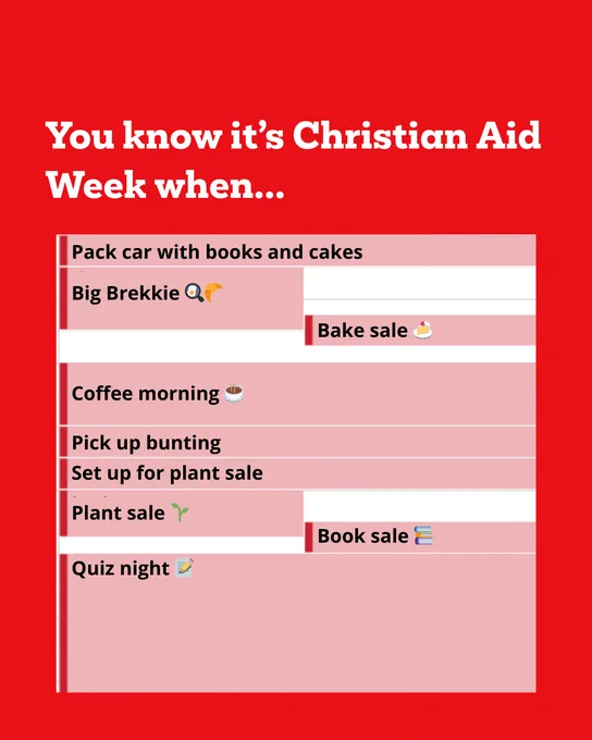 Graphic with the text, You know it's Christian Aid Week when... and an image of someones calendar