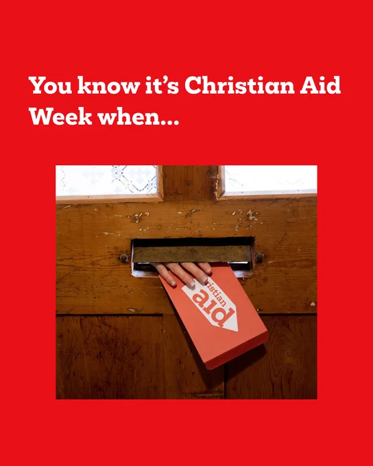 Graphic with the text, You know it's Christian Aid Week when... and an image of someone posting a read Christian Aid envelope