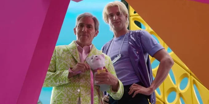 A still from Barbie featuring Sugar Daddy Ken and Earring Magic Ken played by Rob Brydon and Tom Stourton respectively.