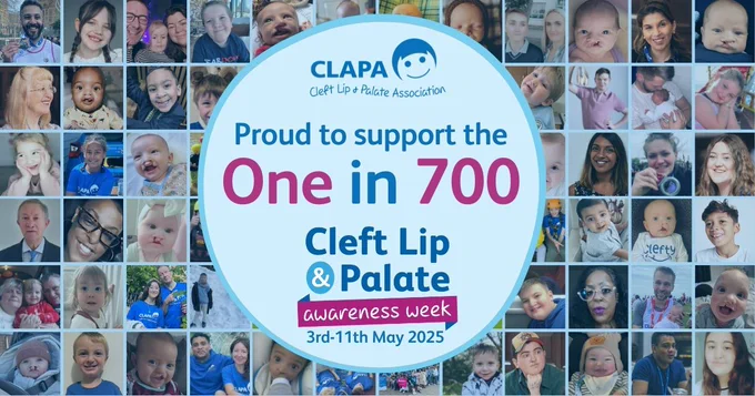 Collage of people born with a cleft with text: "CLAPA, One in 700, Cleft Lip & Palate Awareness Week, 3rd-11th May 2025."