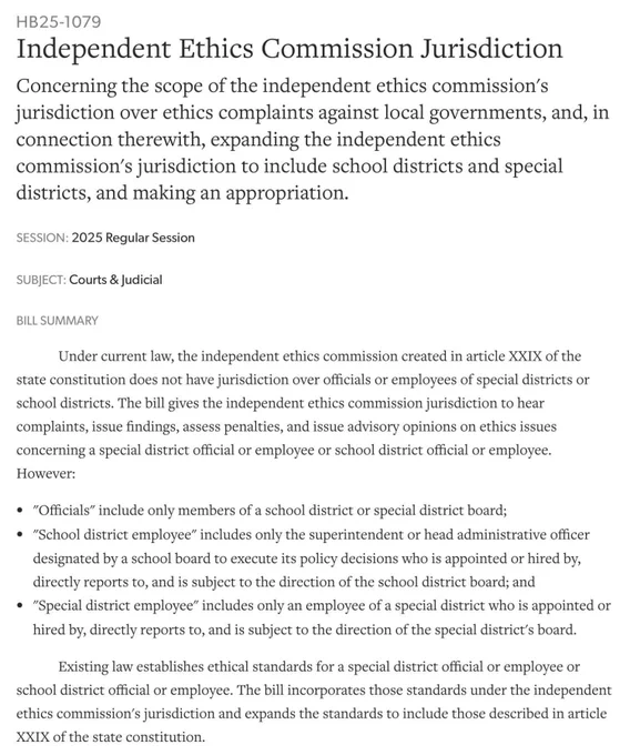 Screenshot of the summary for Colorado House Bill HB25-1079 titled “Independent Ethics Commission Jurisdiction.” The bill proposes expanding the Independent Ethics Commission’s authority to include school districts and special districts. It clarifies that only board members and top administrators (e.g., superintendents) fall under this expanded jurisdiction. The bill also aligns existing ethics standards with those in Article XXIX of the state constitution.