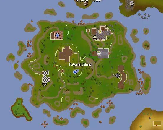 Map of Tutorial Island from the game RuneScape showing various landmarks such as the Wizards' Tower and starting area.