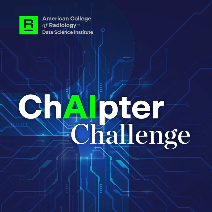 Promotional graphic for the American College of Radiology Data Science Institute's 'ChAIpter Challenge,' featuring a digital, circuit-like design in blue tones with the event title prominently displayed.