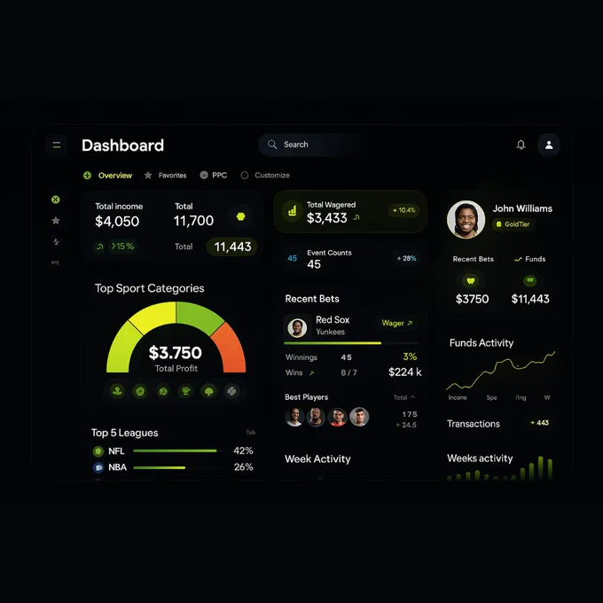 A sleek, dark-themed sports betting dashboard UI showing key statistics like total income, players, wagers, and event data. The layout includes colorful charts, a donut graph for top sport categories, a player activity tracker, and a clean profile section, all styled with modern typography and neon-inspired highlights.
