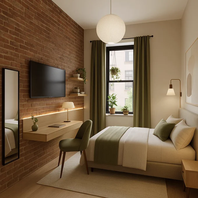 A stylish, compact NYC bedroom with high ceilings, featuring a warm and minimal aesthetic. One wall has exposed brick with a mounted TV above a floating wooden desk and green chair. A modern lamp and small shelf with plants sit above the desk. Opposite is a beige bed with green and cream bedding, flanked by a wall-mounted lamp. Green curtains frame a single window with potted plants on the sill and a hanging planter above. A round white pendant light hangs from the ceiling, enhancing the room’s vertical space and cozy atmosphere.