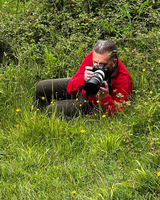 Chris Packham laying down amongst grass, taking photos of a butterfly with a DSLR camera