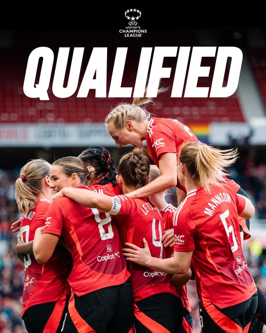 United celebrate Melvine Malard's equaliser as a team, beneath words that read 'QUALIFIED' alongside a Women's Champions League logo.