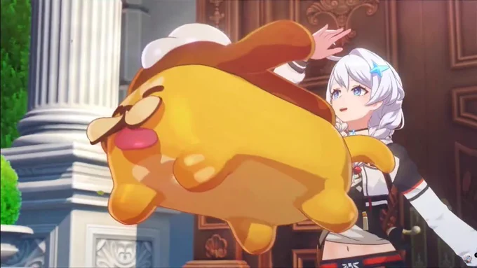 Kiana with a minion looking out into the town