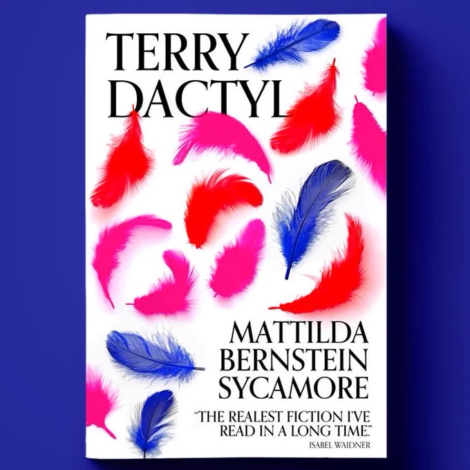 Image shows the cover of Mattilda Bernstein Sycamore's novel Terry Dactyl. The image is of colorful feathers against a white background. 