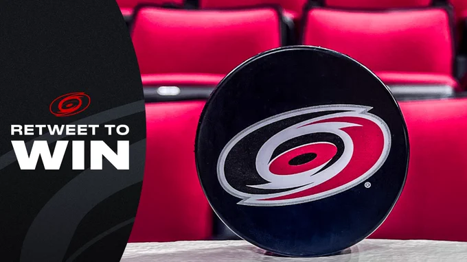 Graphic promoting a RT to win contest featuring a photo of a Canes puck 